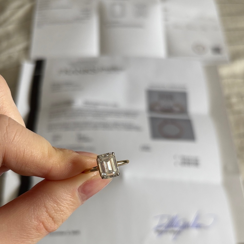 Elegant Gold Ring with Lab Grown Emerald Cut Diamond 2.32ct. 14KT yellow gold.